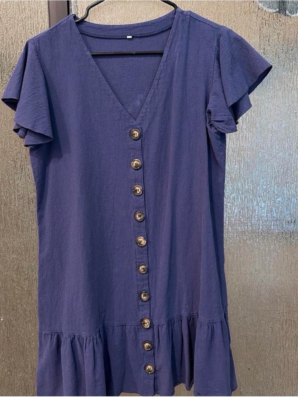 Women's Navy Button-Front Ruffle Sleeve Dress